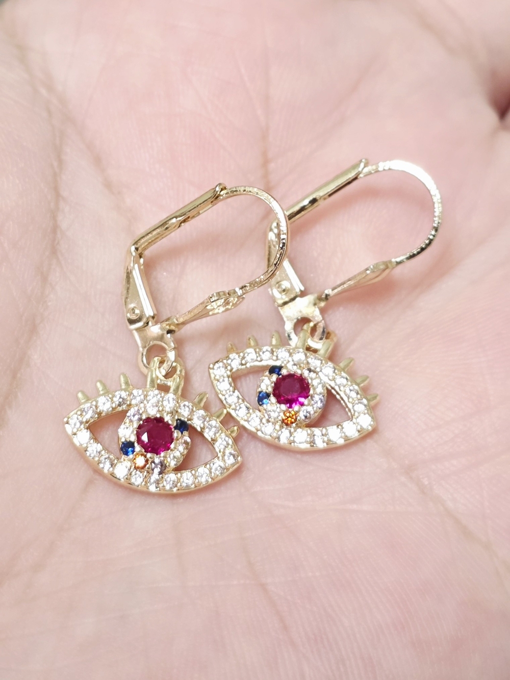 14k Gold Plated Ruby Red Evil Eye Drop Earrings